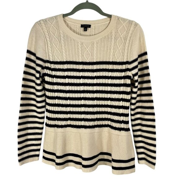Talbots Cotton Cashmere Cable Knit Peplum Striped Sweater Navy & Cream Size M - Picture 11 of 11
